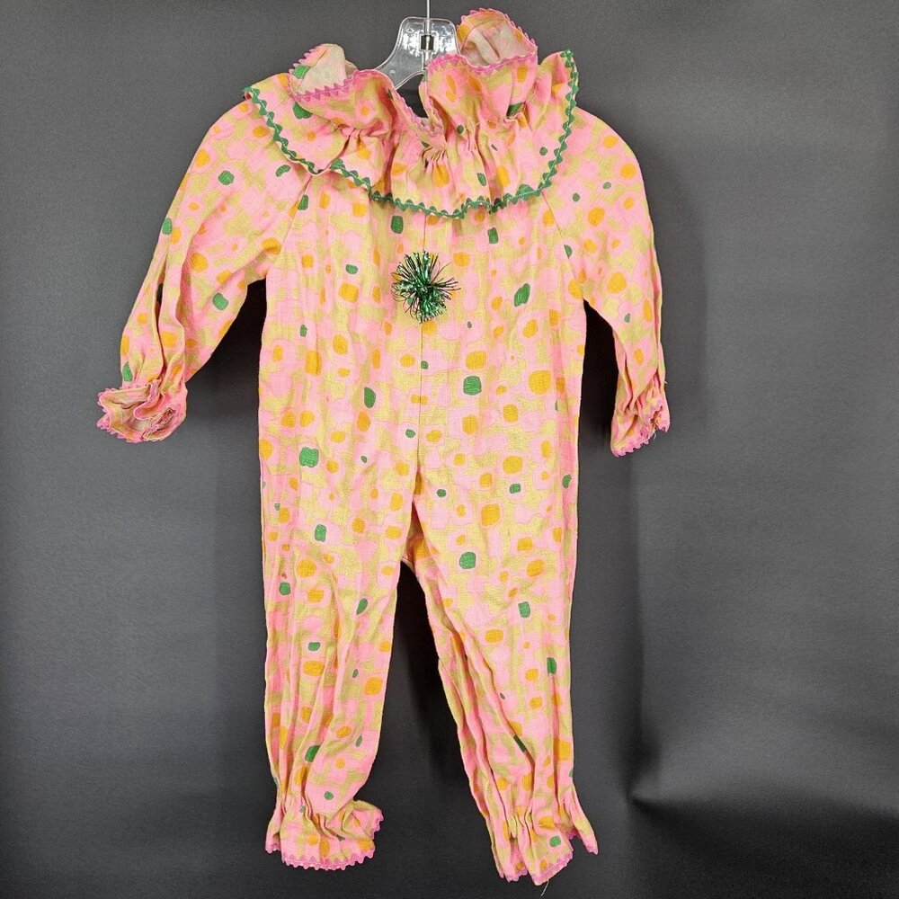 Handmade Clown Jumpsuit Youth Small Pink Green Ruffle Ric Rac Costume One Piece